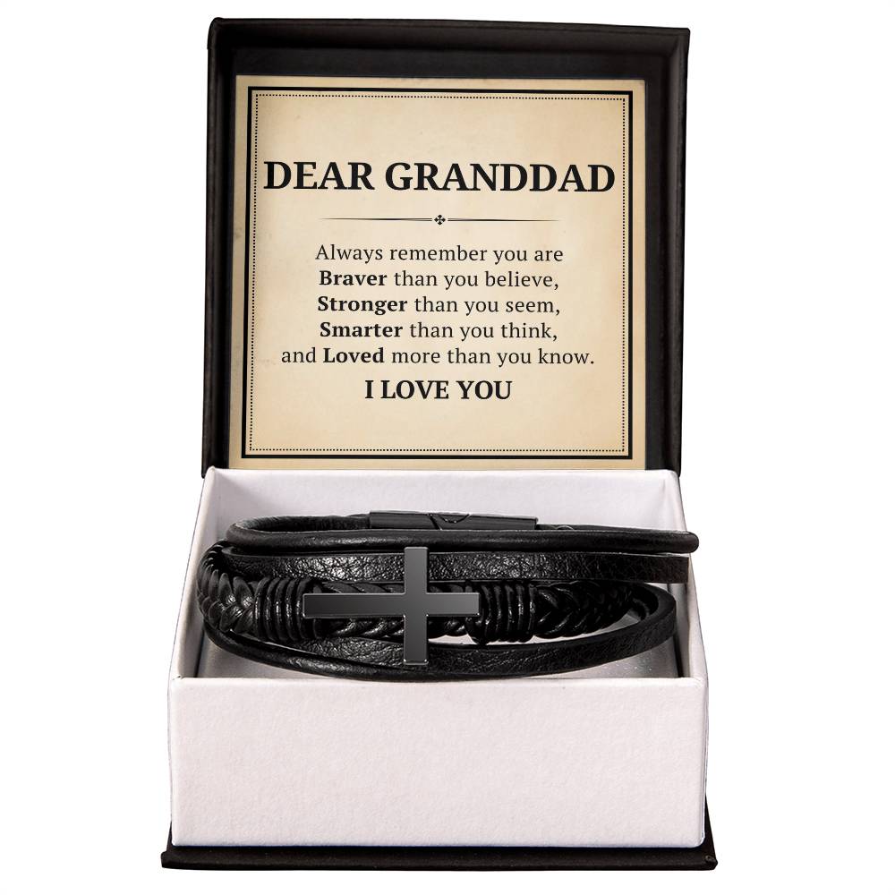 My Dear Granddad Leather Cross Bracelet For Men Him - Always Remember You Are Braver Than You Believe - Motivational Gradution Christmas Birthday Valentines Day Gifts Men's Cross Bracelet