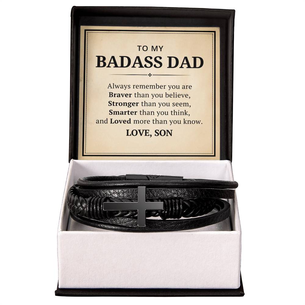 To My Badass Dad Leather Cross Bracelet From Son - Always Remember You Are Braver Than You Believe - Motivational Gradution Christmas Birthday Valentines Day Gifts Men's Cross Bracelet