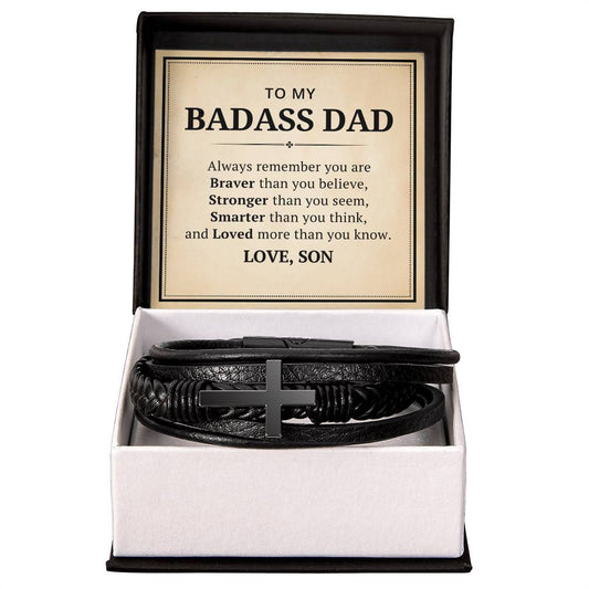 To My Badass Dad Leather Cross Bracelet From Son - Always Remember You Are Braver Than You Believe - Motivational Gradution Christmas Birthday Valentines Day Gifts Men's Cross Bracelet