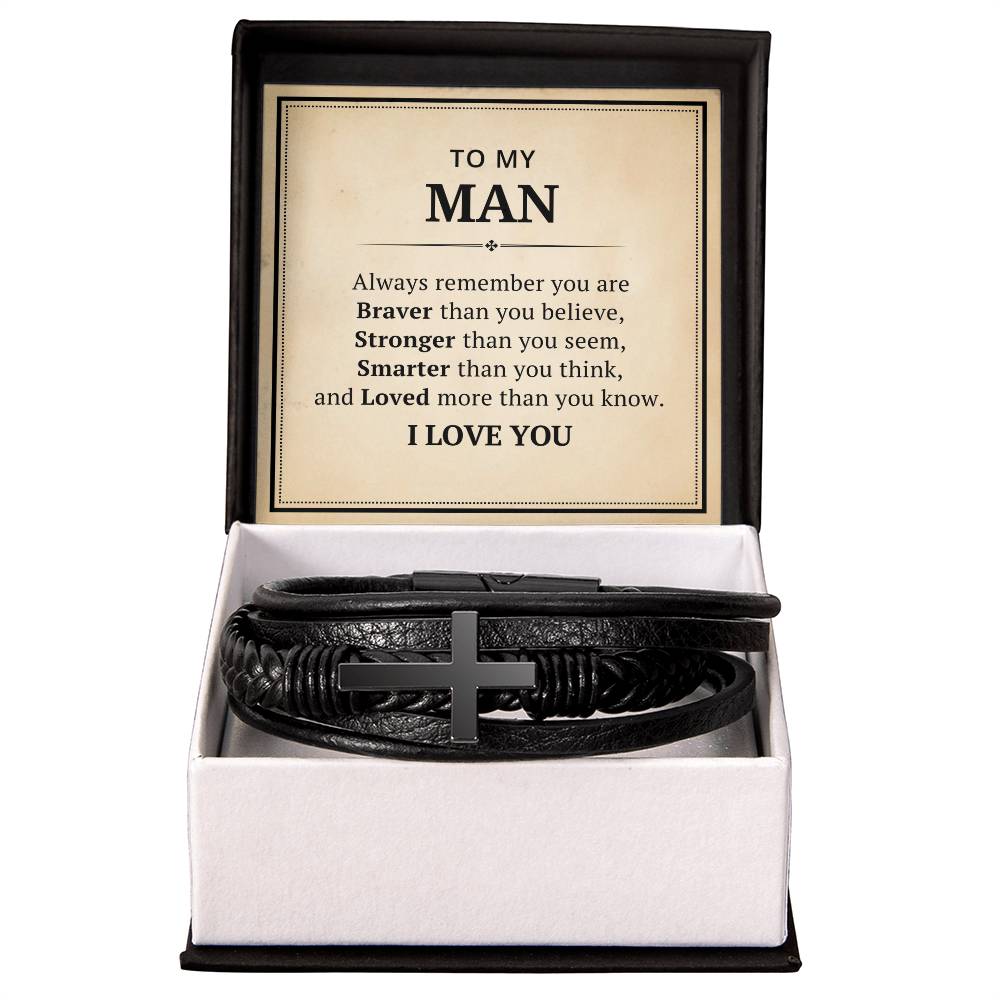 To My Man Leather Cross Bracelet For Men Him - Always Remember You Are Braver Than You Believe - Motivational Gradution Christmas Birthday Valentines Day Gifts Men's Cross Bracelet