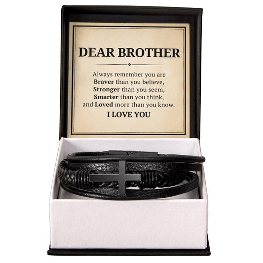 My Dear Brother Leather Cross Bracelet For Men Him - Always Remember You Are Braver Than You Believe - Motivational Gradution Christmas Birthday Valentines Day Gifts Men's Cross Bracelet