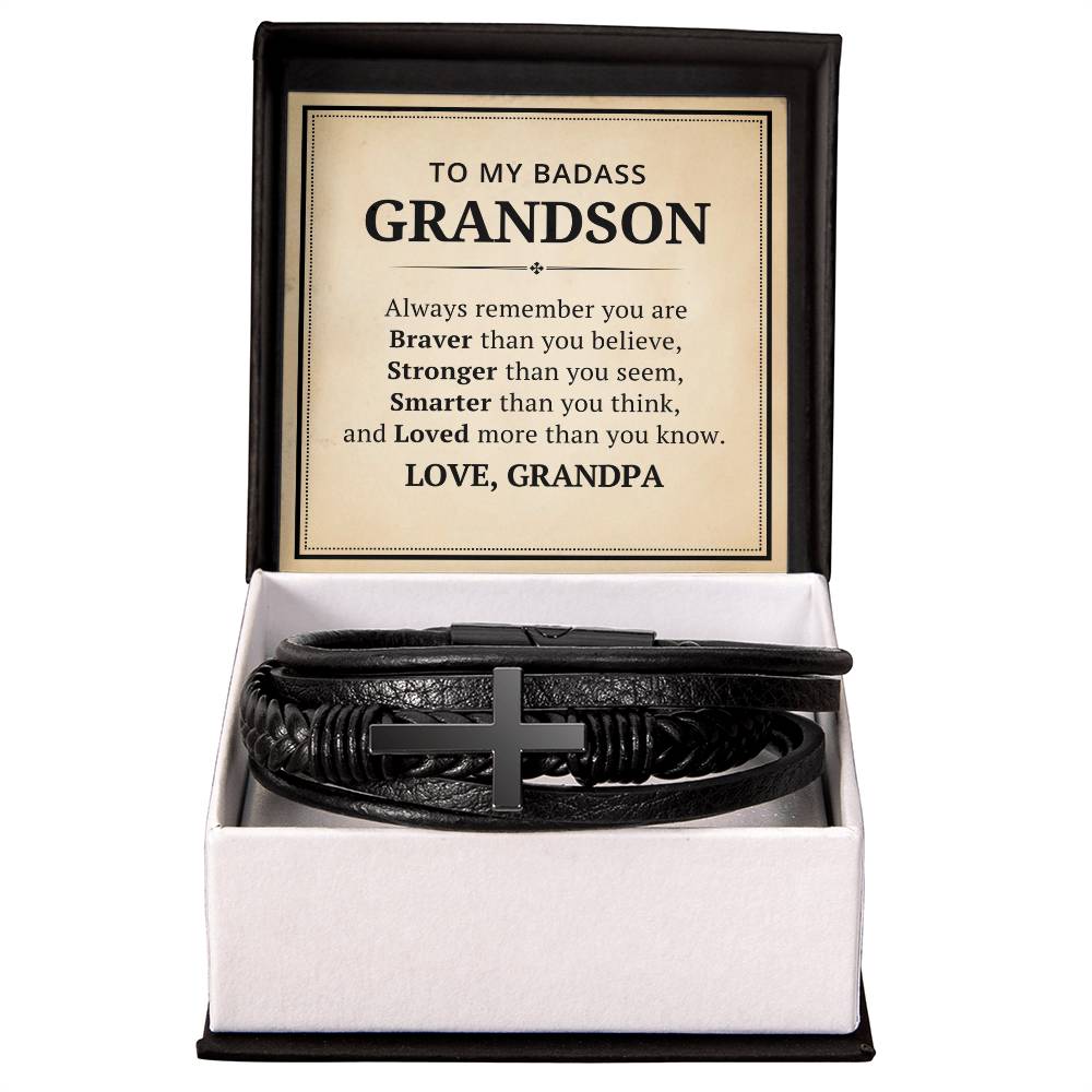 To My Badass Grandson Leather Cross Bracelet From Grandpa - Always Remember You Are Braver Than You Believe - Motivational Gradution Christmas Birthday Valentines Day Gifts Men's Cross Bracelet