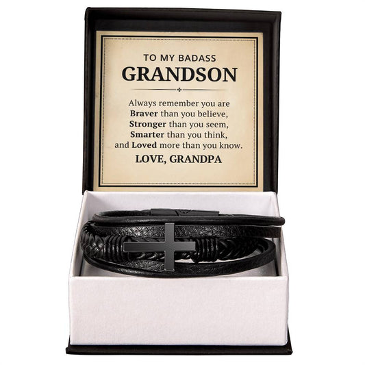 To My Badass Grandson Leather Cross Bracelet From Grandpa - Always Remember You Are Braver Than You Believe - Motivational Gradution Christmas Birthday Valentines Day Gifts Men's Cross Bracelet