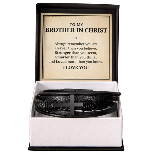 To My Brother In Christ Leather Cross Bracelet For Men Him - Always Remember You Are Braver Than You Believe - Motivational Gradution Christmas Birthday Valentines Day Gifts Men's Cross Bracelet