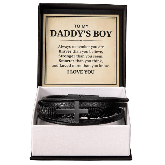 To My Daddy's Boys Leather Cross Bracelet For Men Him - Always Remember You Are Braver Than You Believe - Motivational Gradution Christmas Birthday Valentines Day Gifts Men's Cross Bracelet