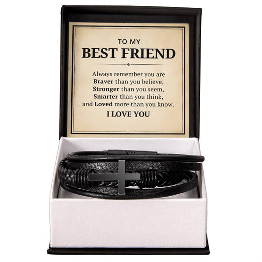 To My Best Friend Leather Cross Bracelet For Men Him - Always Remember You Are Braver Than You Believe - Motivational Gradution Christmas Birthday Valentines Day Gifts Men's Cross Bracelet