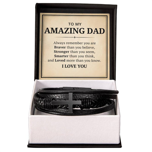 To My Amazing Dad Leather Cross Bracelet For Men Him - Always Remember You Are Braver Than You Believe - Motivational Gradution Christmas Birthday Valentines Day Gifts Men's Cross Bracelet