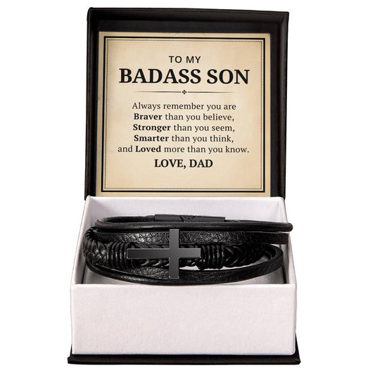 To My Badass Son Leather Cross Bracelet From Dad - Always Remember You Are Braver Than You Believe - Motivational Gradution Christmas Birthday Valentines Day Gifts Men's Cross Bracelet