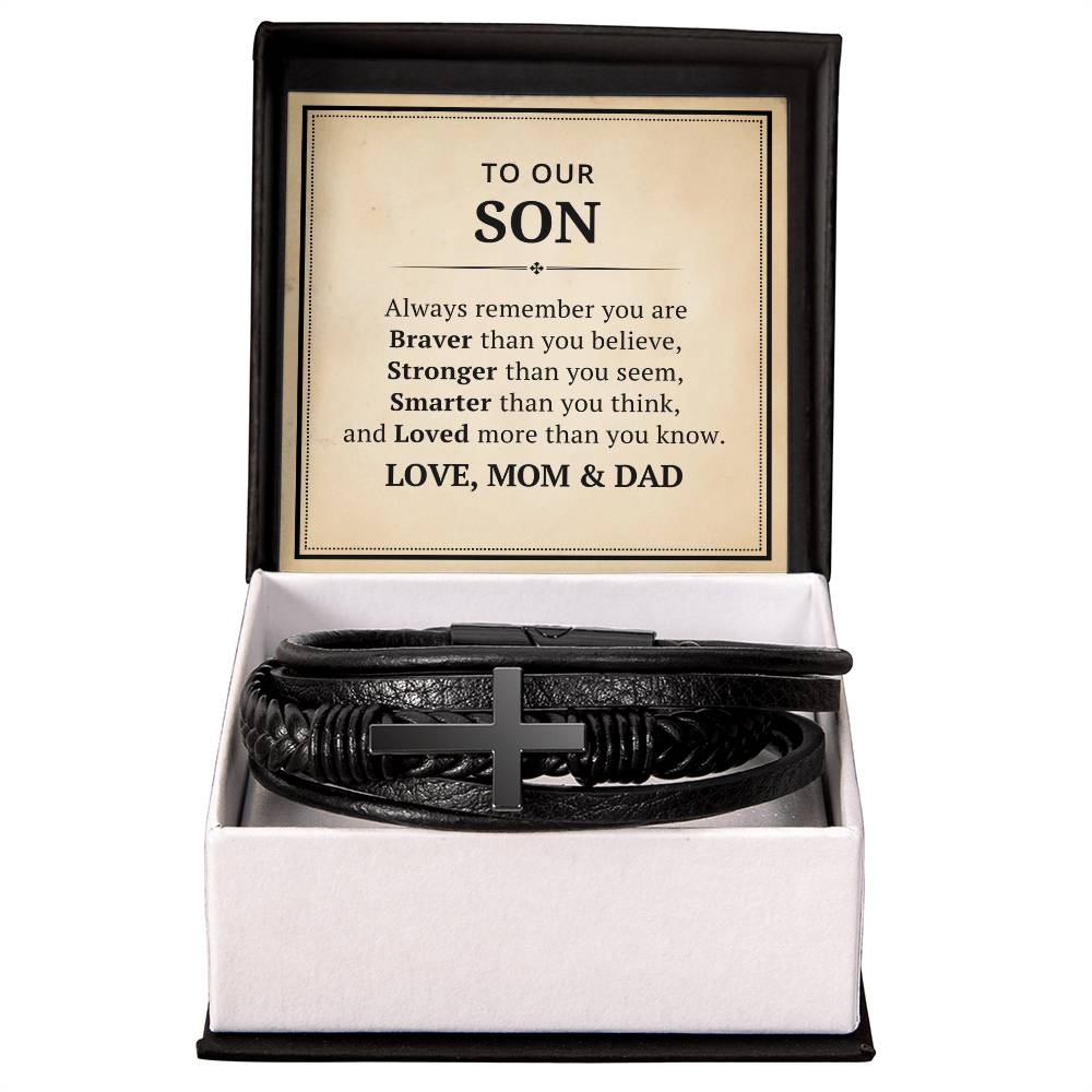 To Our Son Leather Cross Bracelet From Mom Dad - Always Remember You Are Braver Than You Believe - Motivational Gradution Christmas Birthday Valentines Day Gifts Men's Cross Bracelet