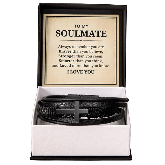 To My Soulmate Leather Cross Bracelet For Men Him - Always Remember You Are Braver Than You Believe - Motivational Gradution Christmas Birthday Valentines Day Gifts Men's Cross Bracelet