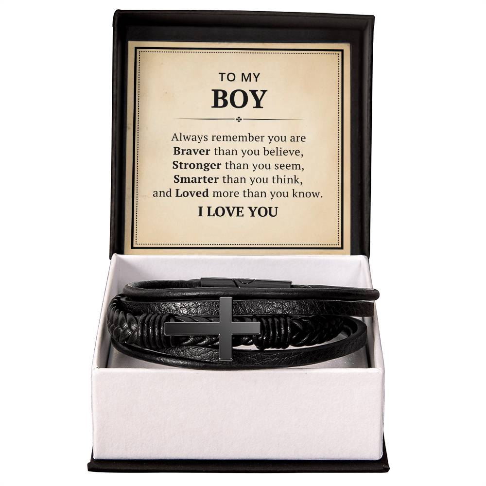 To My Boys Leather Cross Bracelet For Men Him - Always Remember You Are Braver Than You Believe - Motivational Gradution Christmas Birthday Valentines Day Gifts Men's Cross Bracelet