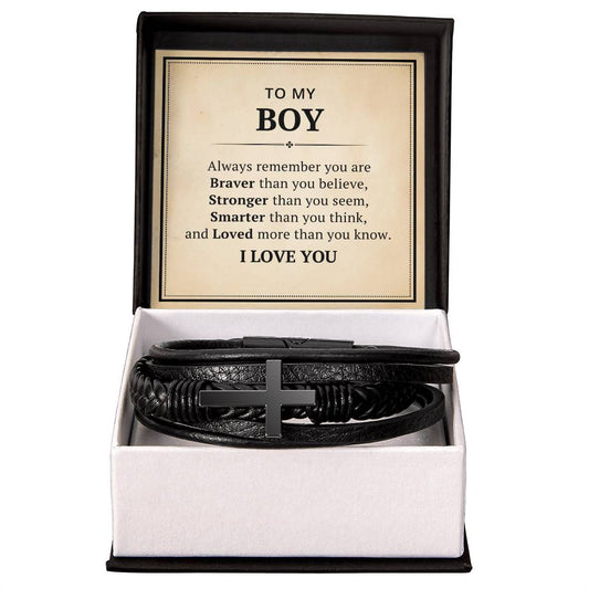 To My Boys Leather Cross Bracelet For Men Him - Always Remember You Are Braver Than You Believe - Motivational Gradution Christmas Birthday Valentines Day Gifts Men's Cross Bracelet