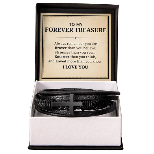 To My Forever Treasure Leather Cross Bracelet For Men Him - Always Remember You Are Braver Than You Believe - Motivational Gradution Christmas Birthday Valentines Day Gifts Men's Cross Bracelet