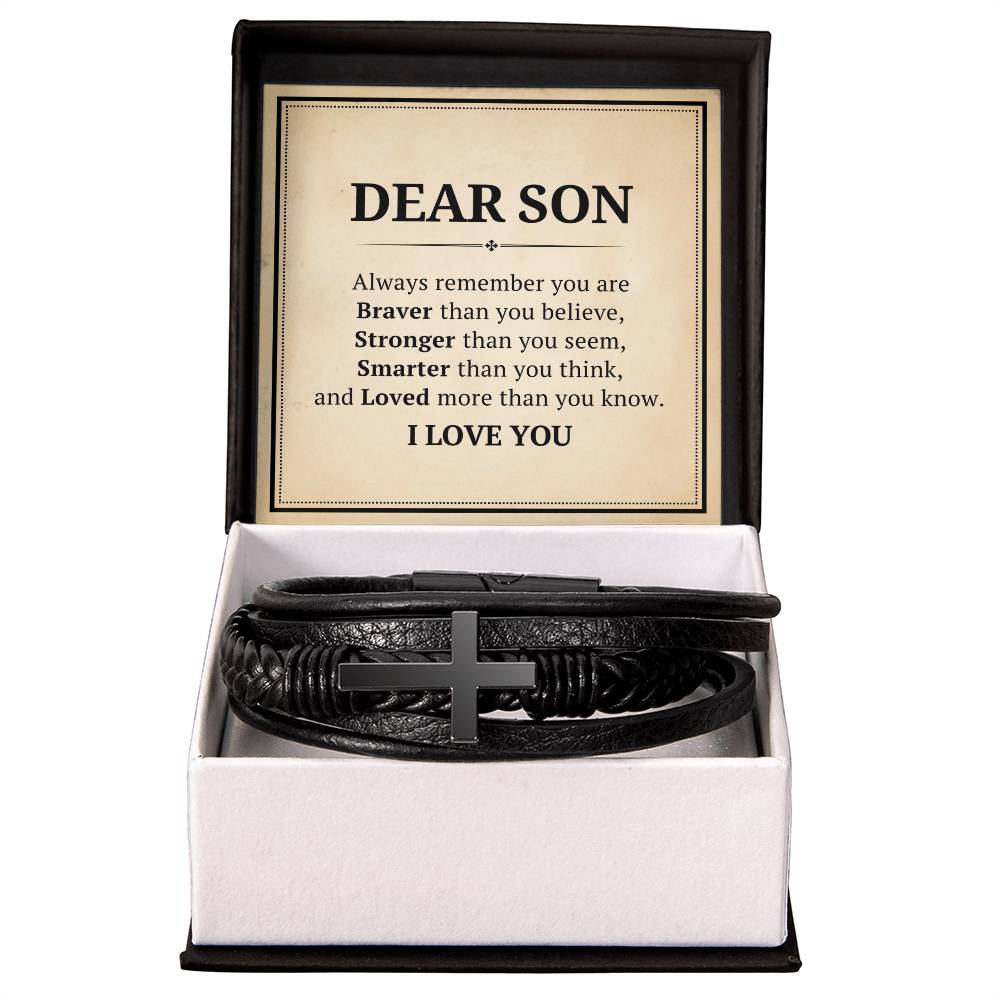 My Dear Son Leather Cross Bracelet For Men Him - Always Remember You Are Braver Than You Believe - Motivational Gradution Christmas Birthday Valentines Day Gifts Men's Cross Bracelet