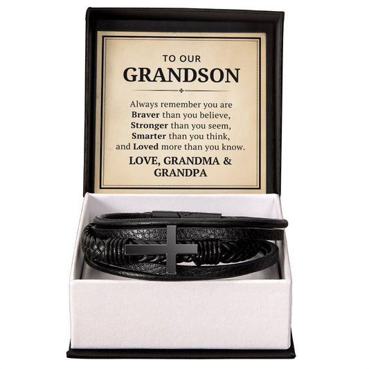 To Our Grandson Leather Cross Bracelet From Grandma Grandpa - Always Remember You Are Braver Than You Believe - Motivational Gradution Christmas Birthday Valentines Day Gifts Men's Cross Bracelet