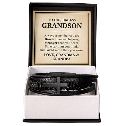 To Our Badass Grandson Leather Cross Bracelet From Grandma Grandpa - Always Remember You Are Braver Than You Believe - Motivational Gradution Christmas Birthday Valentines Day Gifts Men's Cross Bracelet