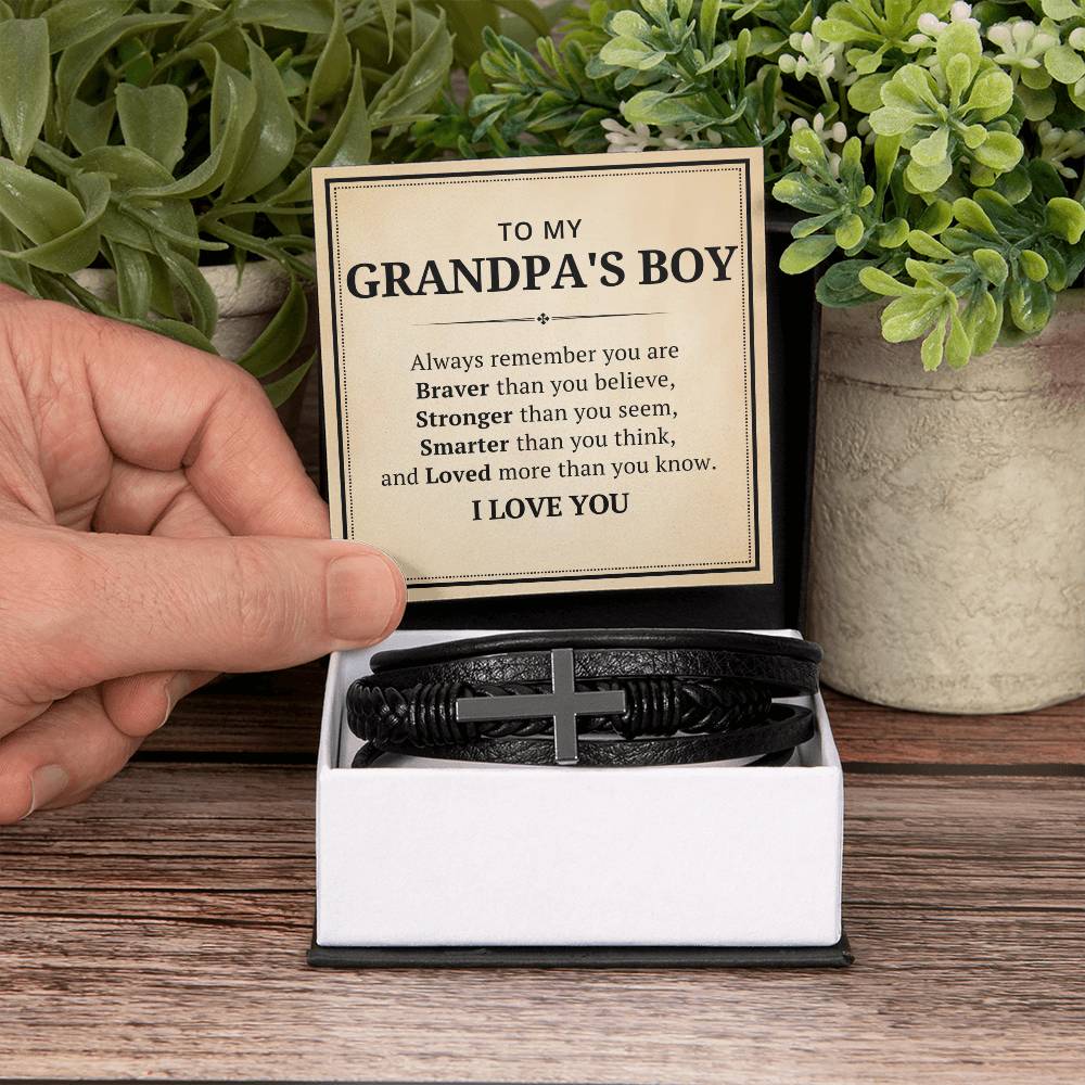 To My Grandpa's Boys Leather Cross Bracelet For Men Him - Always Remember You Are Braver Than You Believe - Motivational Gradution Christmas Birthday Valentines Day Gifts Men's Cross Bracelet