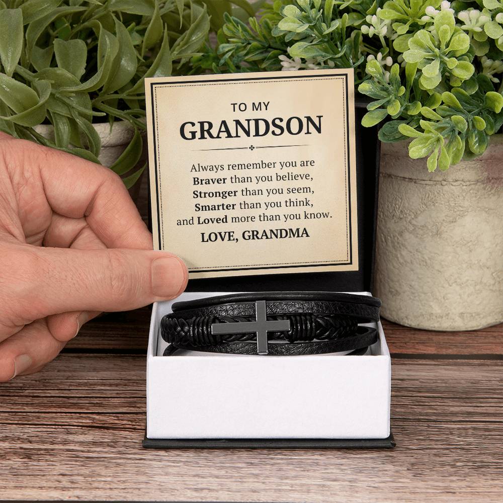 To My Grandson Leather Cross Bracelet From Grandma - Always Remember You Are Braver Than You Believe - Motivational Gradution Christmas Birthday Valentines Day Gifts Men's Cross Bracelet