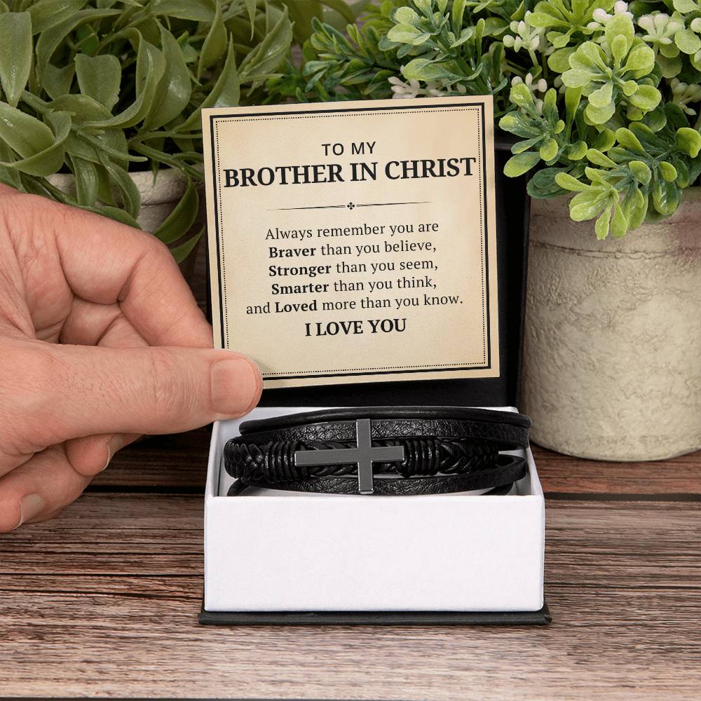 To My Brother In Christ Leather Cross Bracelet For Men Him - Always Remember You Are Braver Than You Believe - Motivational Gradution Christmas Birthday Valentines Day Gifts Men's Cross Bracelet