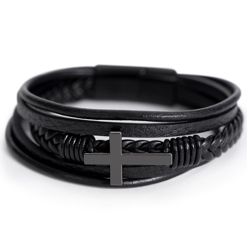 To My Amazing Fiance Leather Cross Bracelet For Men Him - Always Remember You Are Braver Than You Believe - Motivational Gradution Christmas Birthday Valentines Day Gifts Men's Cross Bracelet