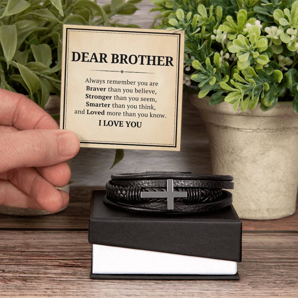 My Dear Brother Leather Cross Bracelet For Men Him - Always Remember You Are Braver Than You Believe - Motivational Gradution Christmas Birthday Valentines Day Gifts Men's Cross Bracelet