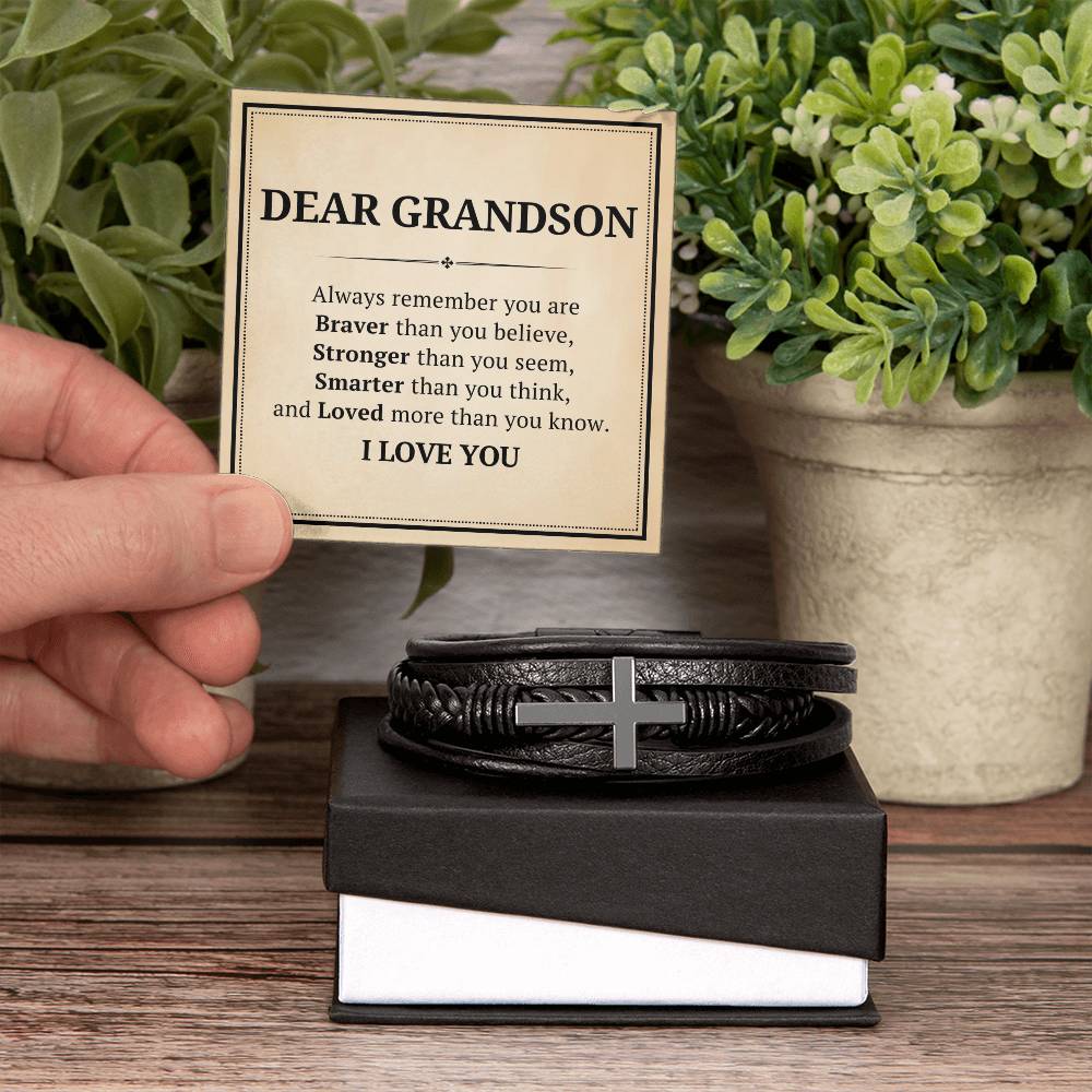 My Dear Grandson Leather Cross Bracelet For Men Him - Always Remember You Are Braver Than You Believe - Motivational Gradution Christmas Birthday Valentines Day Gifts Men's Cross Bracelet