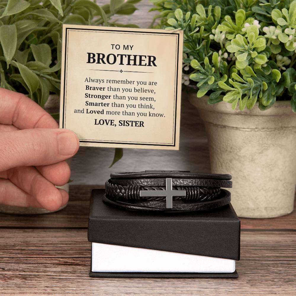 To My Brother Leather Cross Bracelet From Sister - Always Remember You Are Braver Than You Believe - Motivational Gradution Christmas Birthday Valentines Day Gifts Men's Cross Bracelet