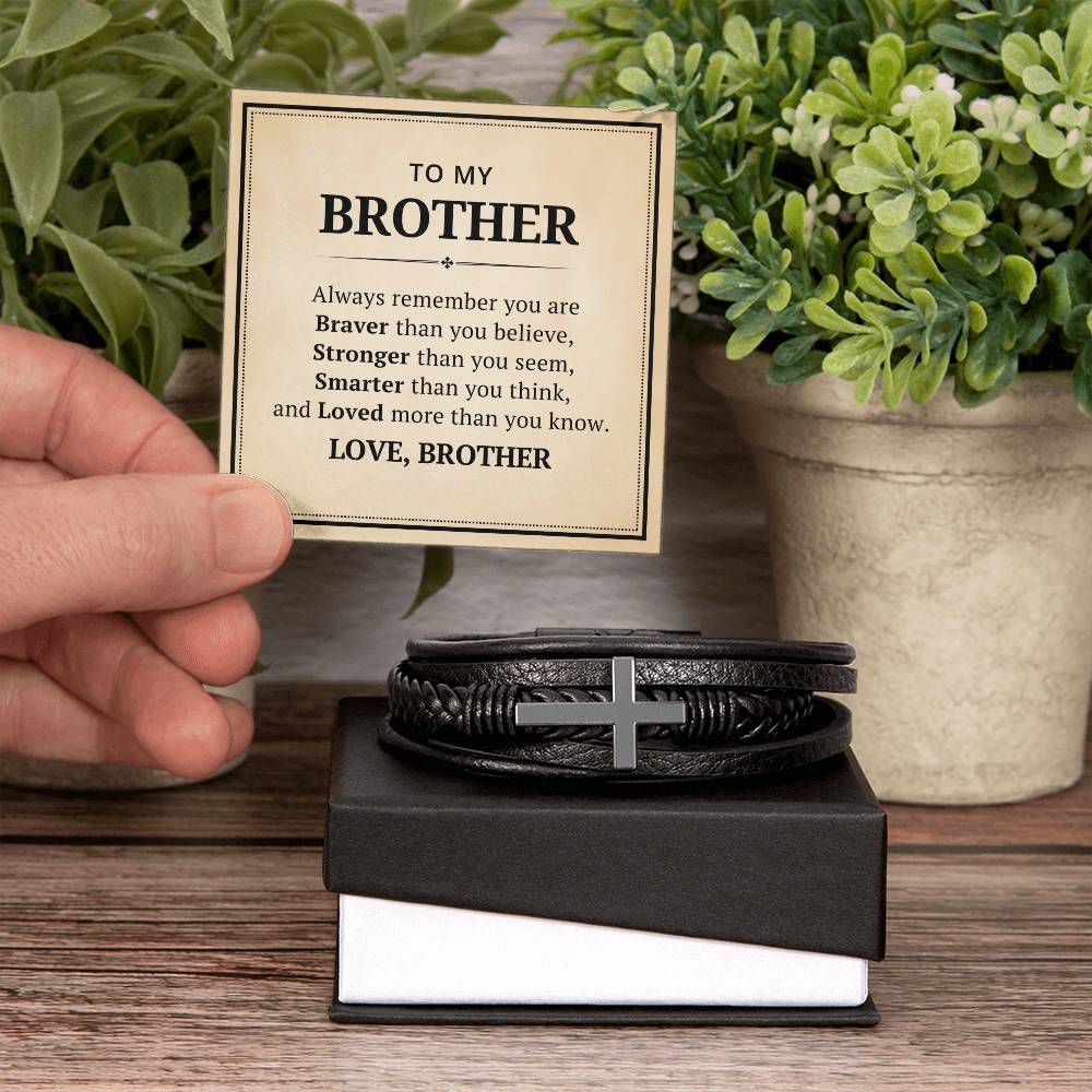 To My Brother Leather Cross Bracelet From Brother - Always Remember You Are Braver Than You Believe - Motivational Gradution Christmas Birthday Valentines Day Gifts Men's Cross Bracelet