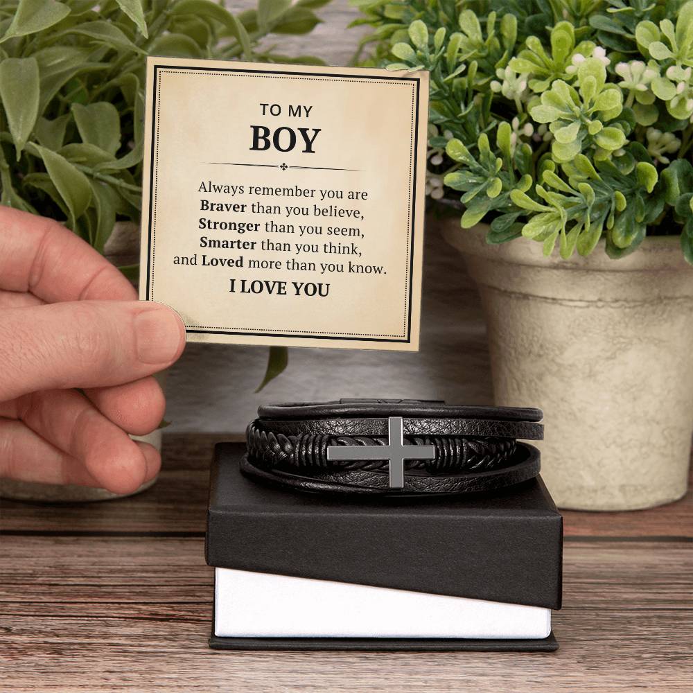 To My Boys Leather Cross Bracelet For Men Him - Always Remember You Are Braver Than You Believe - Motivational Gradution Christmas Birthday Valentines Day Gifts Men's Cross Bracelet