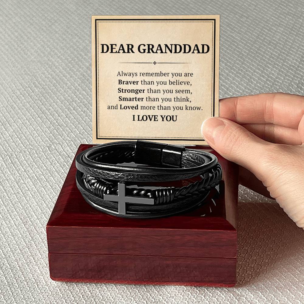 My Dear Granddad Leather Cross Bracelet For Men Him - Always Remember You Are Braver Than You Believe - Motivational Gradution Christmas Birthday Valentines Day Gifts Men's Cross Bracelet