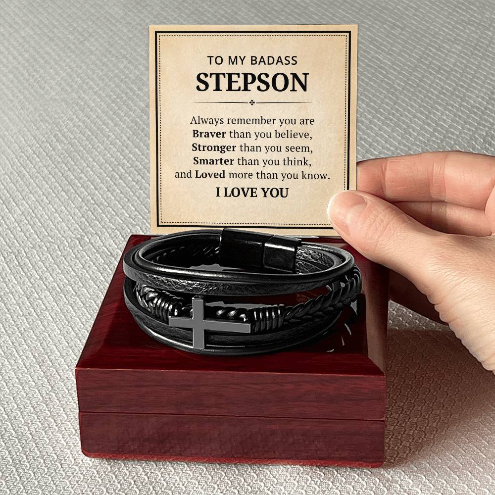 To My Badass Stepson Leather Cross Bracelet For Men Him - Always Remember You Are Braver Than You Believe - Motivational Gradution Christmas Birthday Valentines Day Gifts Men's Cross Bracelet