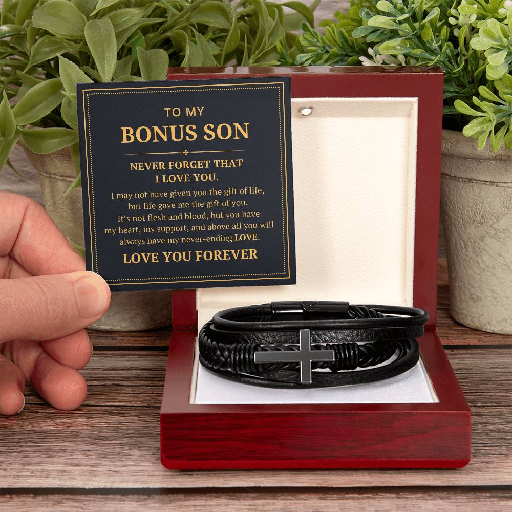 To My Bonus Son - I May Not Have Given You The Gift Of Life - Men's Cross Bracelet