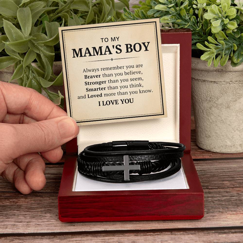 To My Mama's Boys Leather Cross Bracelet For Men Him - Always Remember You Are Braver Than You Believe - Motivational Gradution Christmas Birthday Valentines Day Gifts Men's Cross Bracelet