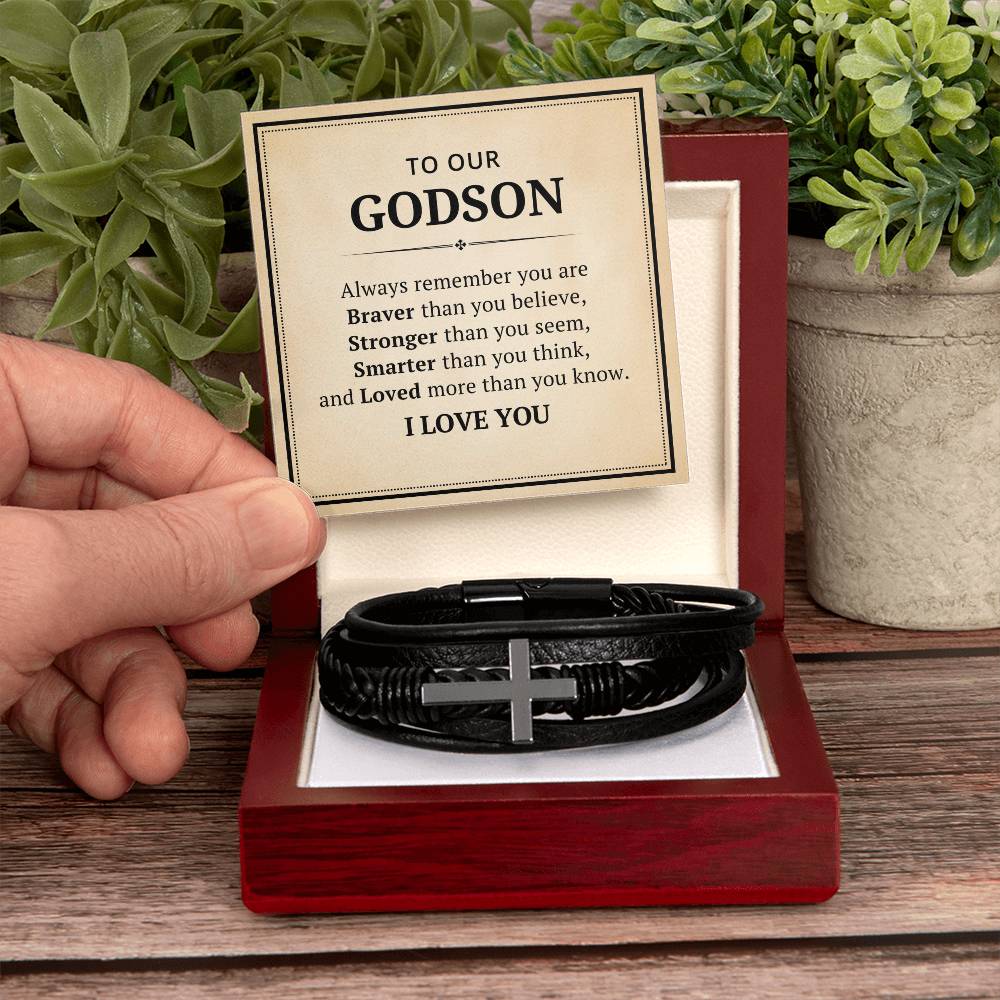 To Our Godson Leather Cross Bracelet For Men Him - Always Remember You Are Braver Than You Believe - Motivational Gradution Christmas Birthday Valentines Day Gifts Men's Cross Bracelet