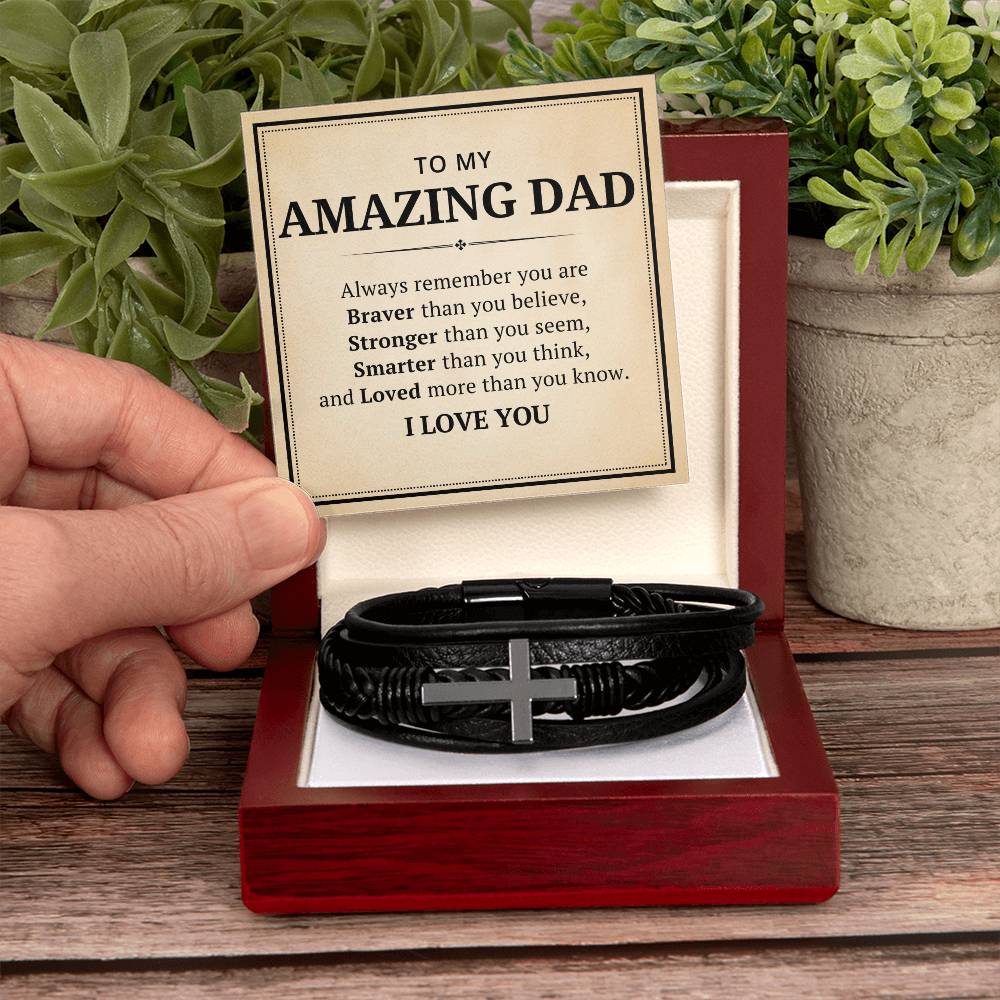 To My Amazing Dad Leather Cross Bracelet For Men Him - Always Remember You Are Braver Than You Believe - Motivational Gradution Christmas Birthday Valentines Day Gifts Men's Cross Bracelet