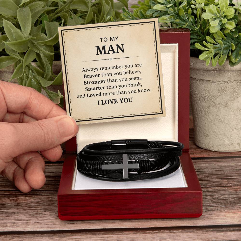 To My Man Leather Cross Bracelet For Men Him - Always Remember You Are Braver Than You Believe - Motivational Gradution Christmas Birthday Valentines Day Gifts Men's Cross Bracelet