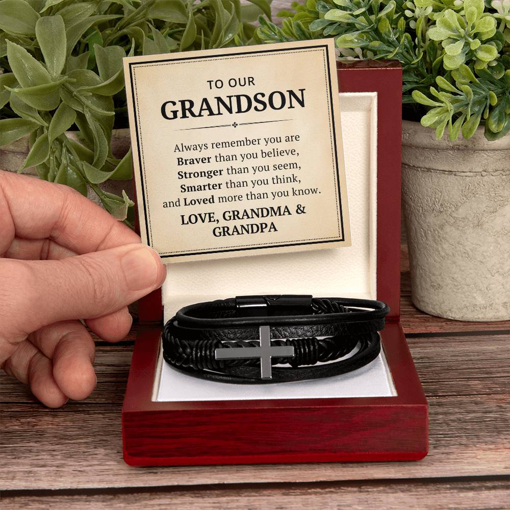 To Our Grandson Leather Cross Bracelet From Grandma Grandpa - Always Remember You Are Braver Than You Believe - Motivational Gradution Christmas Birthday Valentines Day Gifts Men's Cross Bracelet