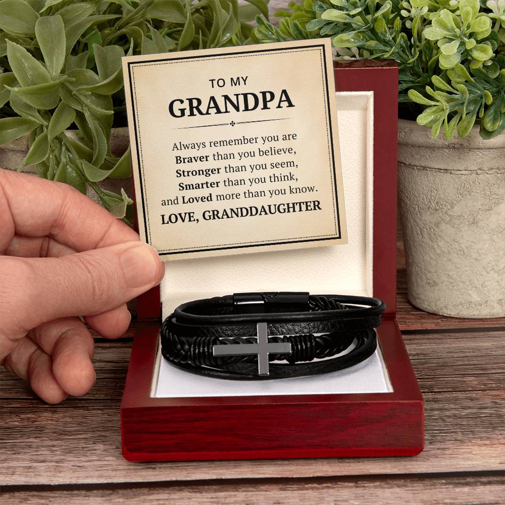 To My Grandpa Leather Cross Bracelet From Granddaughter - Always Remember You Are Braver Than You Believe - Motivational Gradution Christmas Birthday Valentines Day Gifts Men's Cross Bracelet