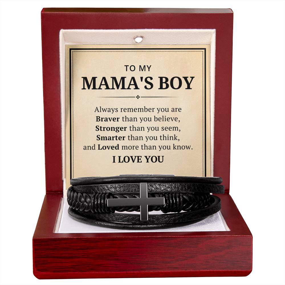 To My Mama's Boys Leather Cross Bracelet For Men Him - Always Remember You Are Braver Than You Believe - Motivational Gradution Christmas Birthday Valentines Day Gifts Men's Cross Bracelet