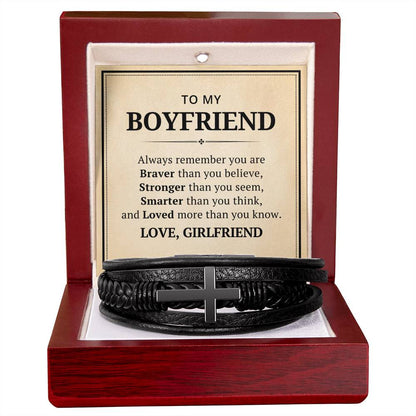 To My Boyfriend Leather Cross Bracelet From Girlfriend - Always Remember You Are Braver Than You Believe - Motivational Gradution Christmas Birthday Valentines Day Gifts Men's Cross Bracelet