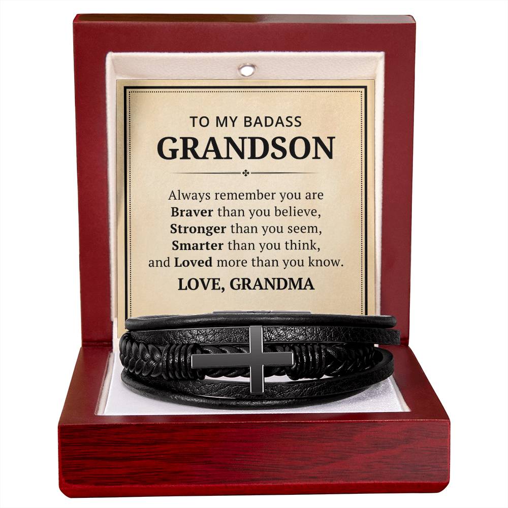 To My Badass Grandson Leather Cross Bracelet From Grandma - Always Remember You Are Braver Than You Believe - Motivational Gradution Christmas Birthday Valentines Day Gifts Men's Cross Bracelet