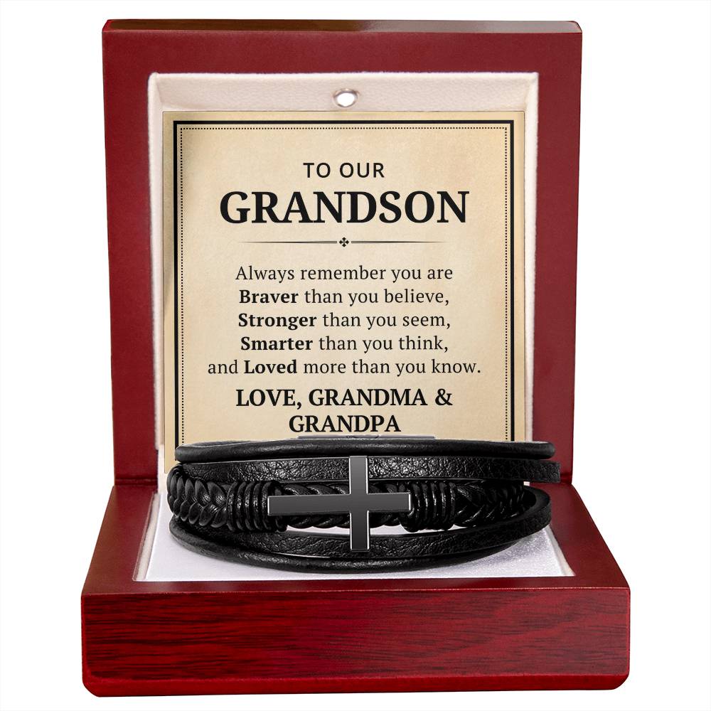 To Our Grandson Leather Cross Bracelet From Grandma Grandpa - Always Remember You Are Braver Than You Believe - Motivational Gradution Christmas Birthday Valentines Day Gifts Men's Cross Bracelet